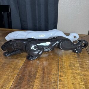 Pair Of Vintage MCM Haeger Black 24" & White 23" Panthers Prawling Cat Ceramic